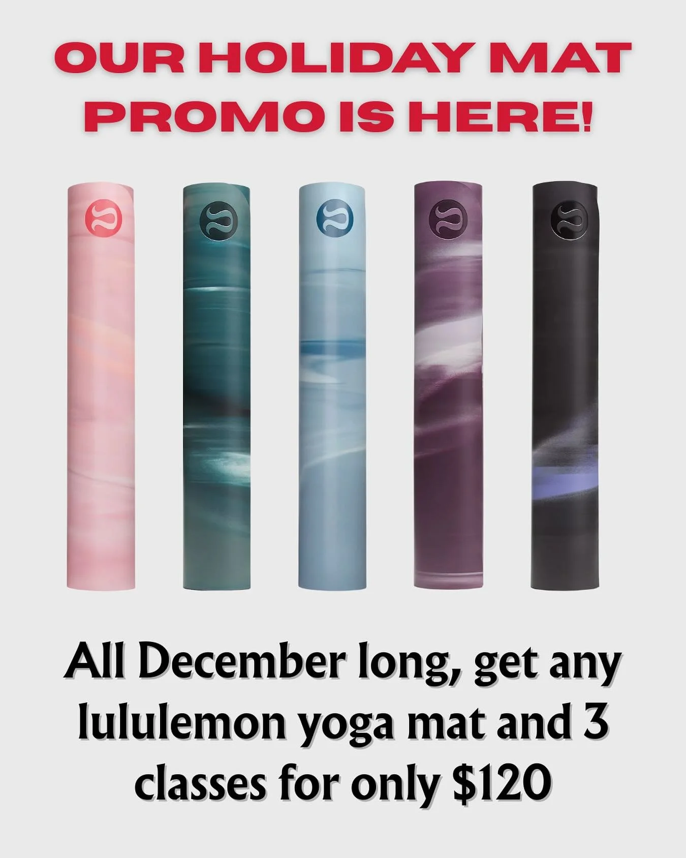 Give the gift of practice this holiday season ✨🧘&zwj;♀️

All December long, snag any lululemon mat + 3 FREE classes for just $120 &mdash; a $193 value!

Our lululemon mats come in a variety of gorgeous colors and are our tried-and-true favorites for