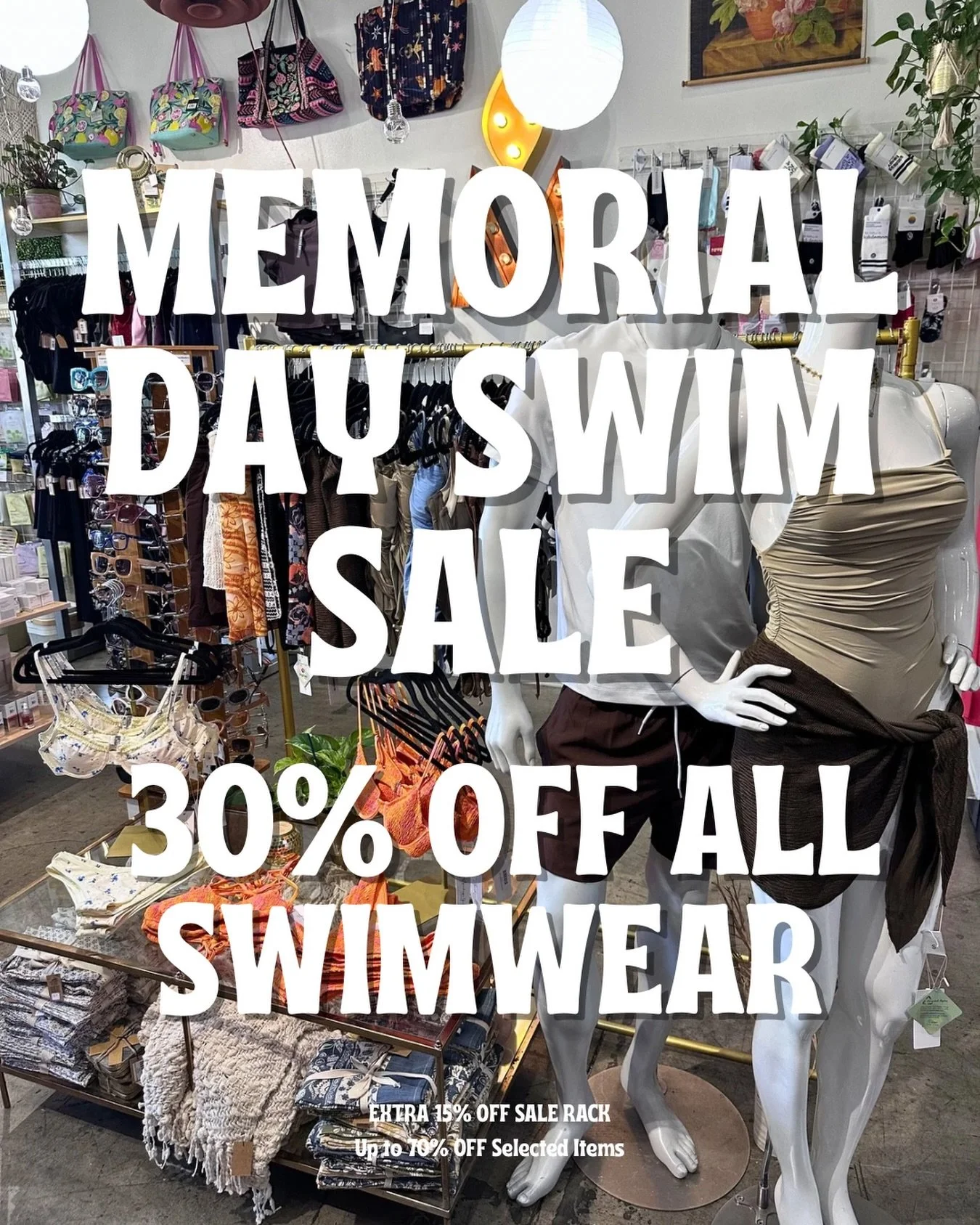 Happy Memorial Day! 🇺🇸 We are open today until 8 PM for your last chance to grab 30% off all swimwear.

Don&rsquo;t miss the extra 15% off the sale rack (up to 70% off total)!

👑 Members: Don&rsquo;t forget your exclusive 30% off one item.