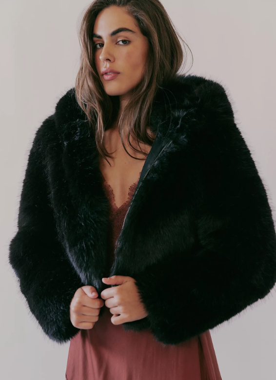 Free People - Louder Please Hooded Faux Fur Jacket - Black