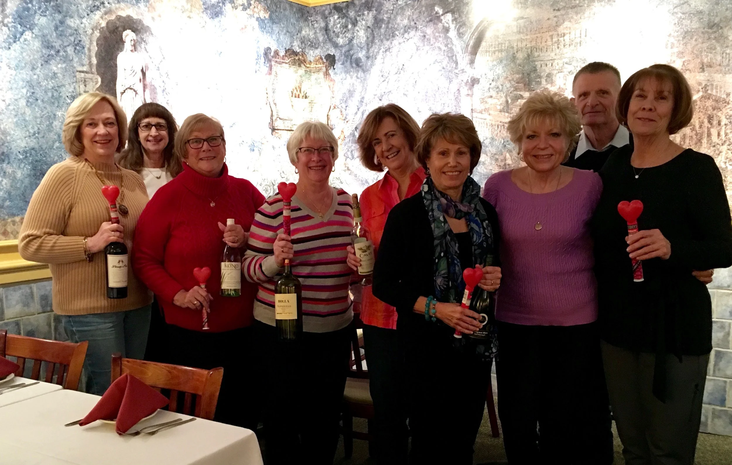 Reunion wine club, February meeting. Thanks for the sweets, Mike! Welcome aboard, Kathy Stoka Meyer!