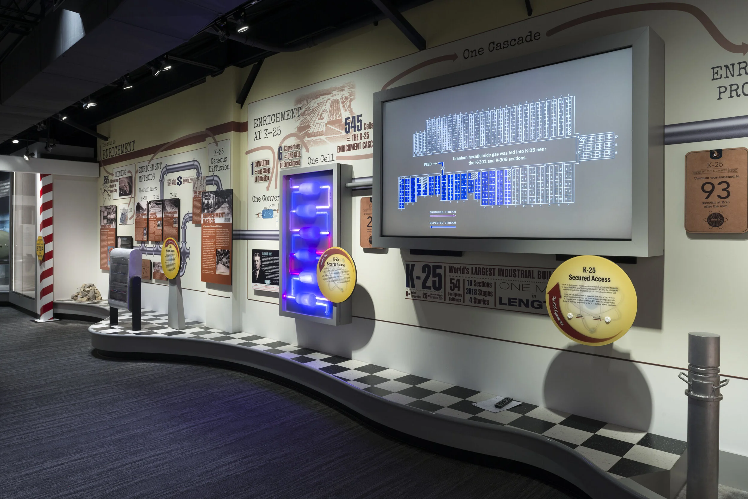 The Enrichment 101 wall explains how uranium was processed to create the first atomic bomb.