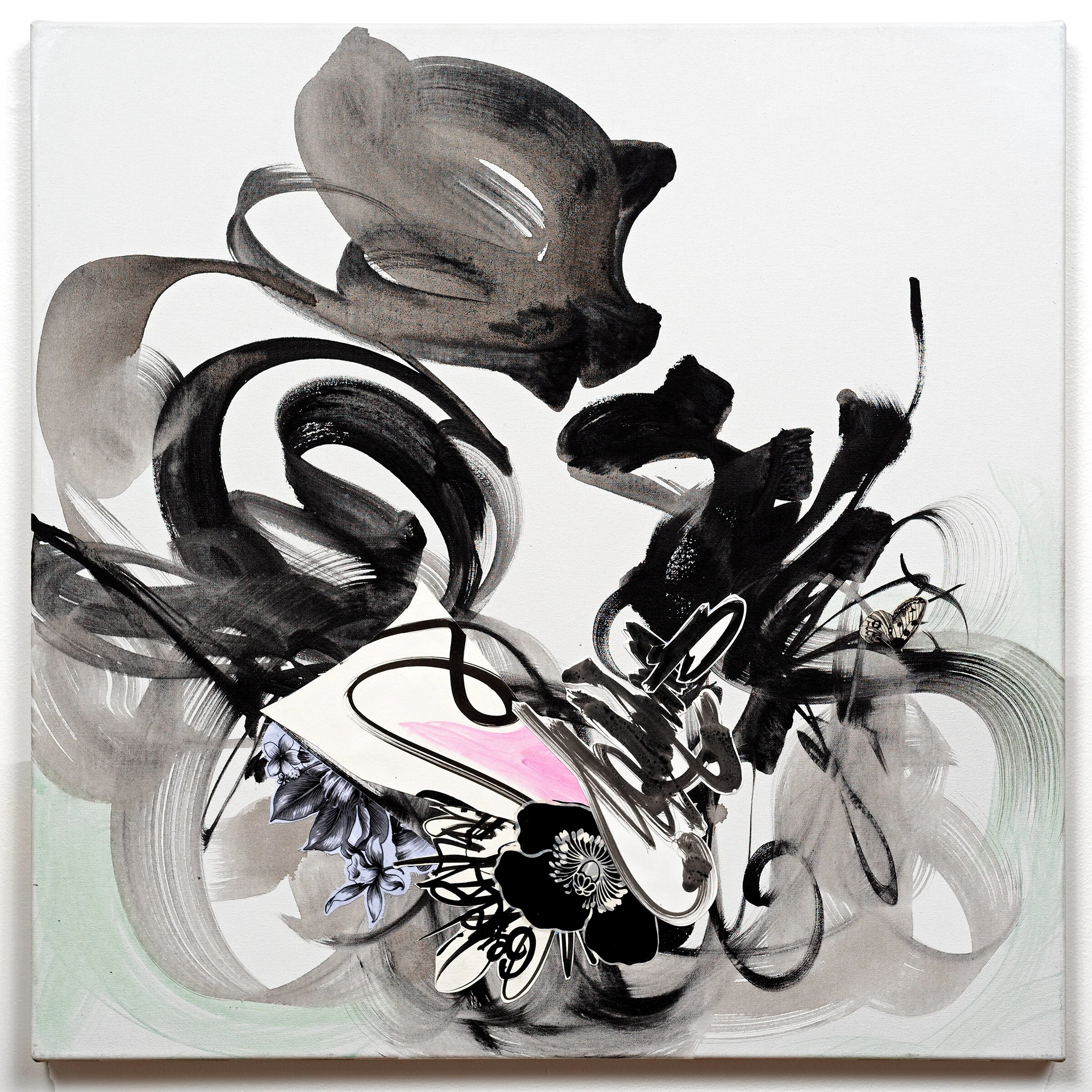 Spiraling, 2020 Ink, acrylic, fabric, and cottage on canvas 30 x 30 x 1.5 in 76 x 76 x 4 cm