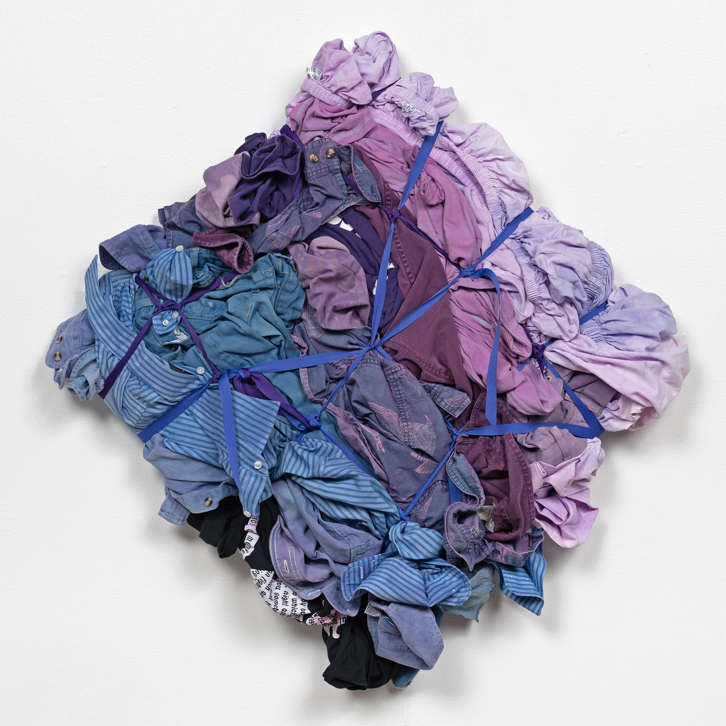 Pieces of Grace, 2020 Clothing, ribbon, fabric, and dye over wood panel 26 x 26 x 4.5 in 66 x 66 x 11 cm