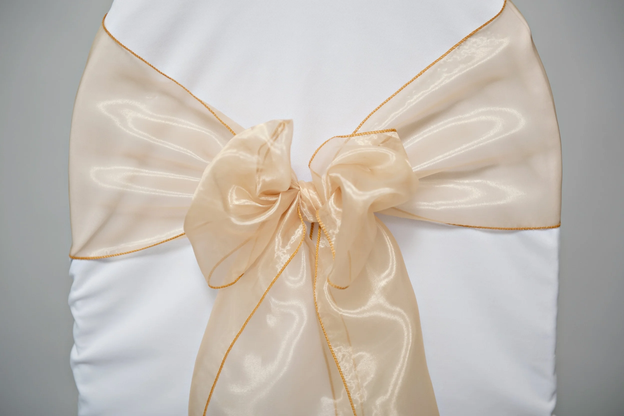 gold mirror organza sash tied in a bow