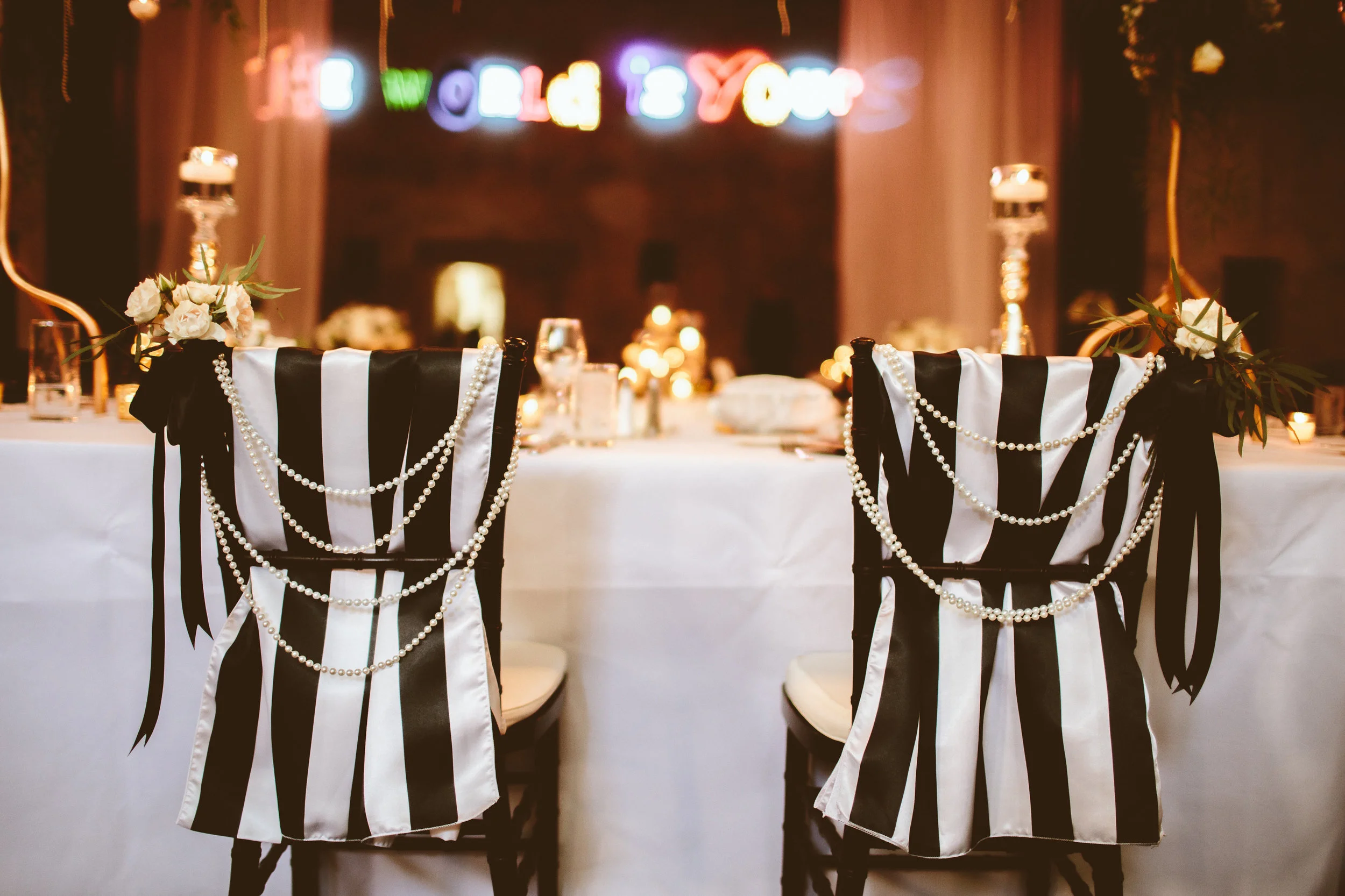 black and white stripe table runner used for chair draping