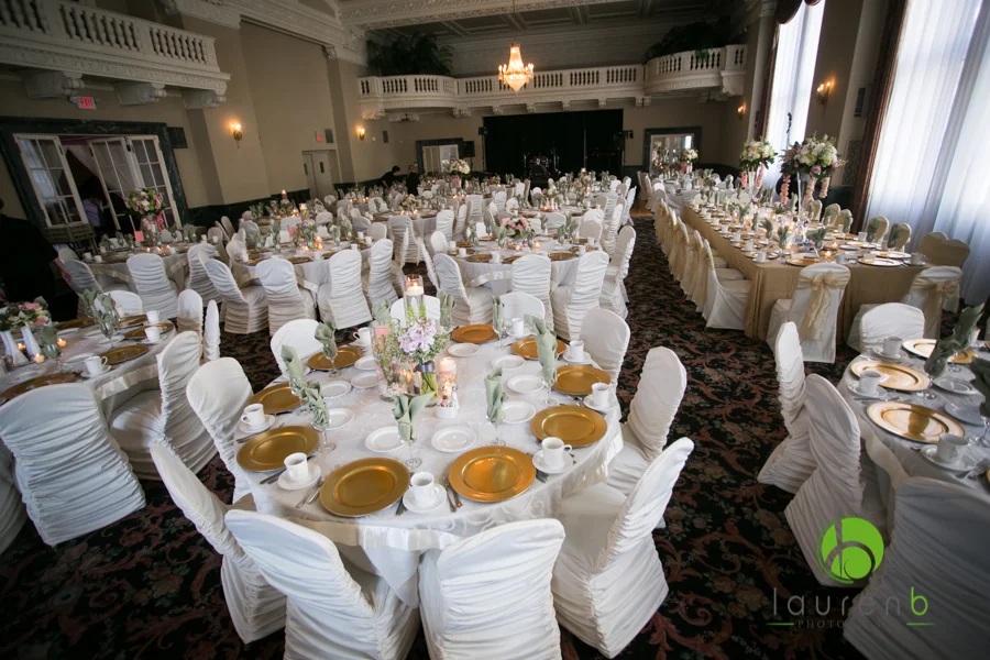 ivory rouge chair covers displayed at wedding reception