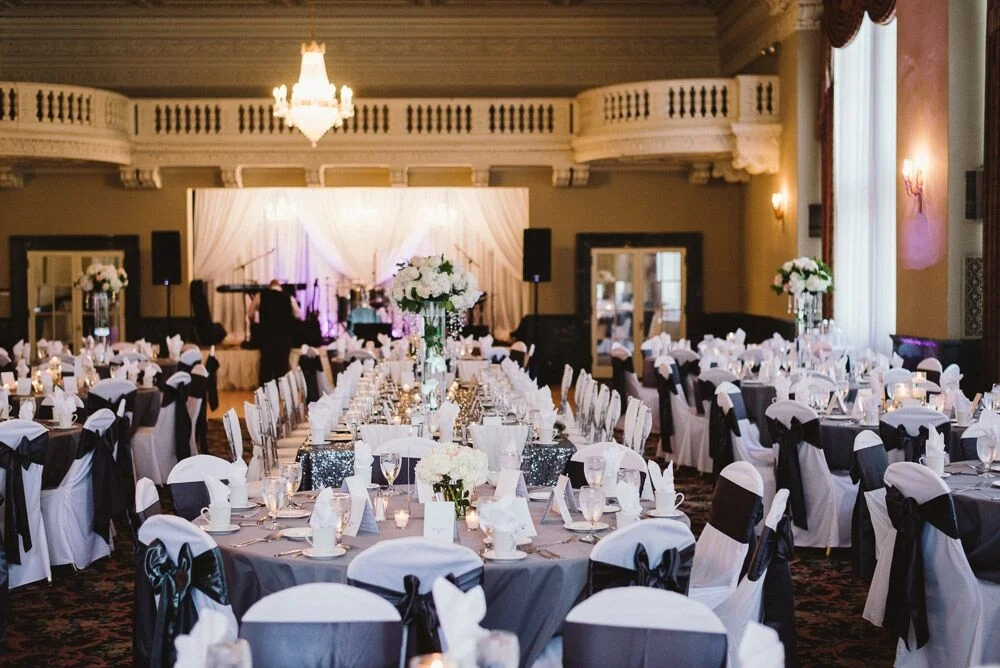 charcoal satin sashes at wedding reception