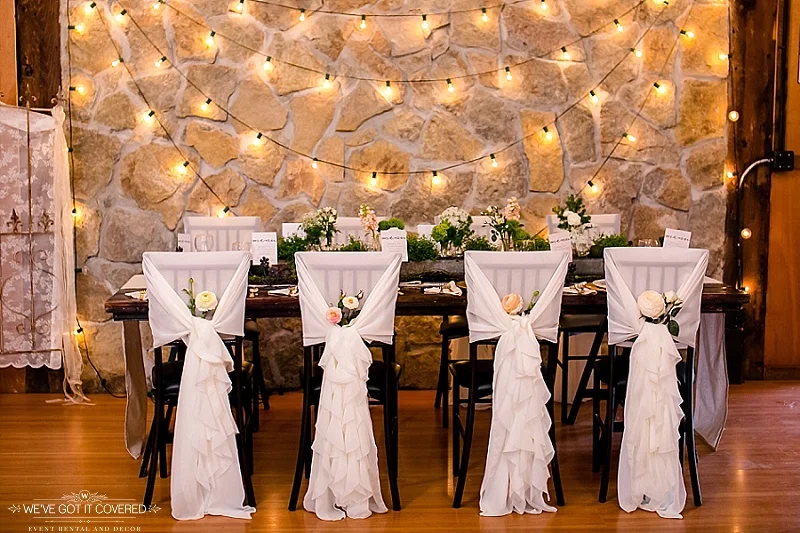 Cafe lights hung around the head table to give it a glow in the background at a Minnesota venue.