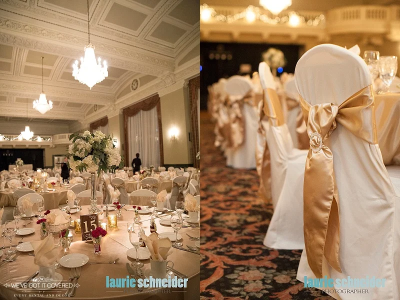 Gold satin sashes tied with a diamond buckle and tables with flowers and candle votives
