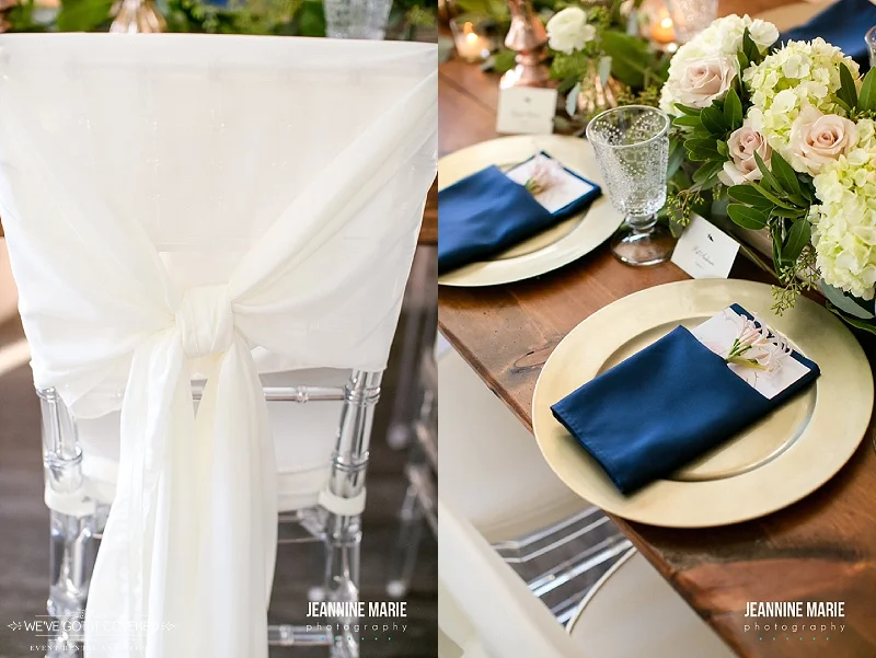Chair cover tied over chiavari chairs and gold and navy wedding colors