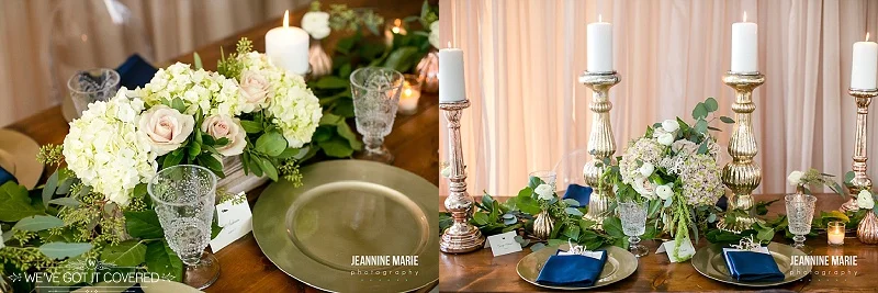 wedding reception table ideas that have flowers, gold plates, greenery, napkins and candles