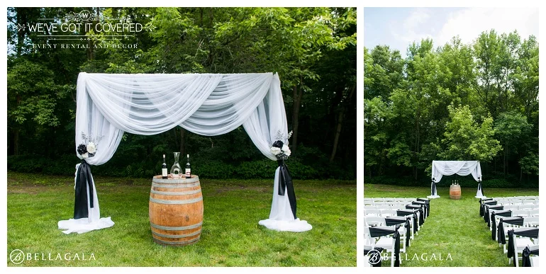 draping ideas for an outdoor wedding including wine barrels and wine