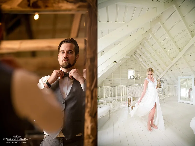 Getting ready photos at a wedding farm venue in Minnesota / wedding decor