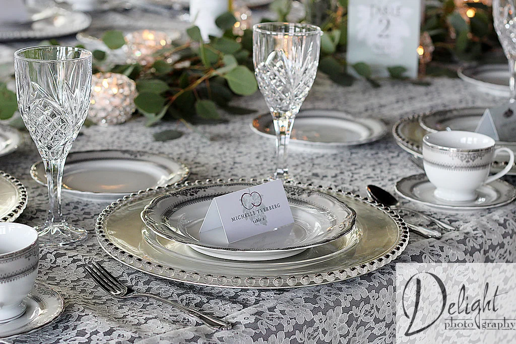lace table cloth with silver accents
