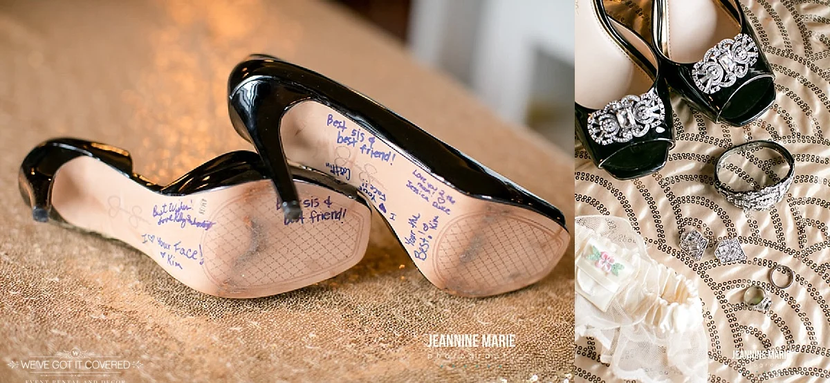 Wedding shoes with notes on the bottom on top of a sparkly linen that catches the eye