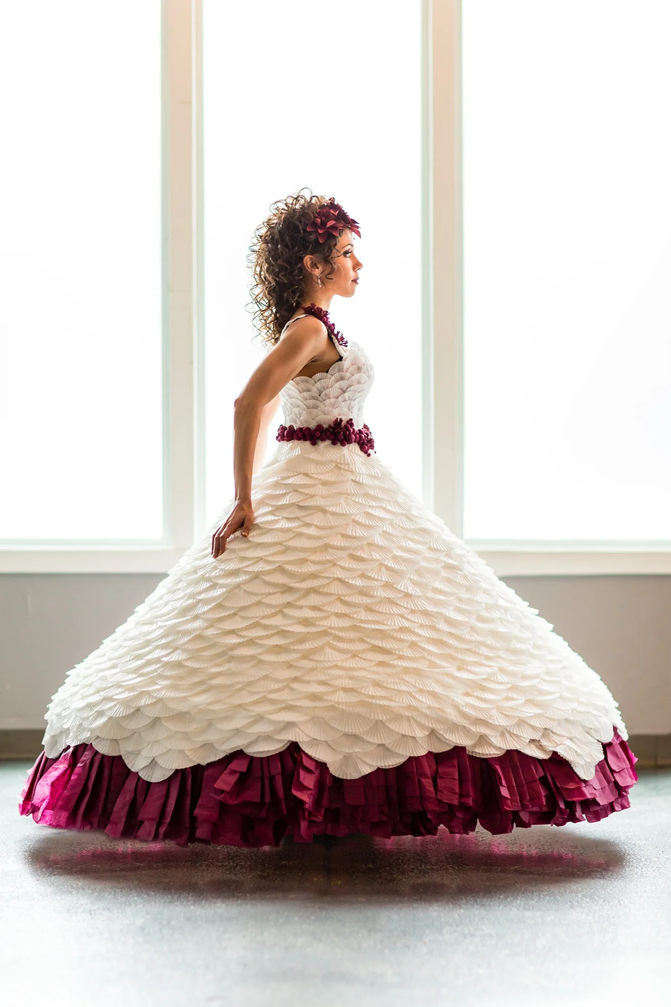 Burgundy and white paper wedding dress styled shoot in Minneapolis Minnesota
