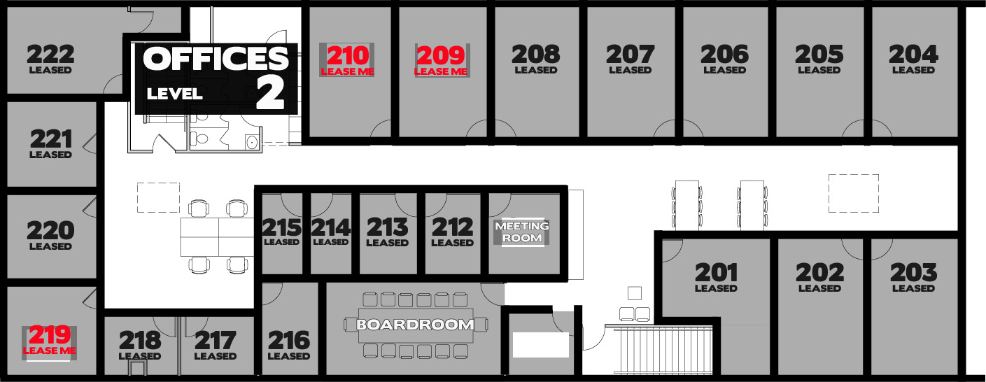 Suite 209 - $1,129.84 + GST/month on a one-year lease. 217 square feet Suite 210 - $1,033.28 + GST/month on a one-year lease. 199 square feet Suite 219 - $757.63 + GST/month on a one-year lease. 143 square feet