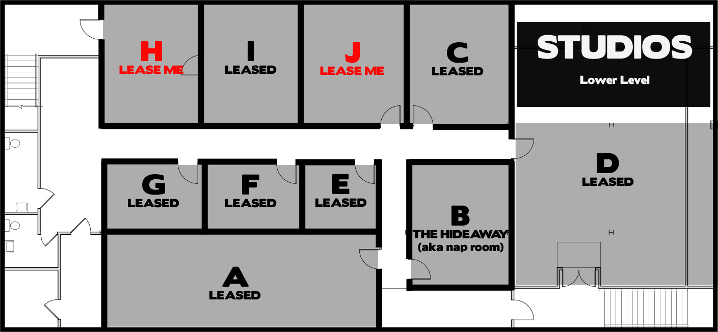 Studio H - $583.94 + GST/month on a one-year lease. 300 square feet (available December 1, 2016) Studio J - $583.94 + GST/month on a one-year lease. 300 square feet (available December 1, 2016)