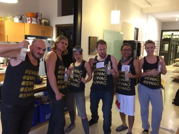 Left to right: Skinny Pete, Keanu, lil' dirty, Kitten, Steed, & Falcon moments after getting their team jerseys...and getting ICE-D. Absent: Shramstamp, Lazer, Haircut, Jiblits, Buss-T.Jerseys provided by Hardpressed