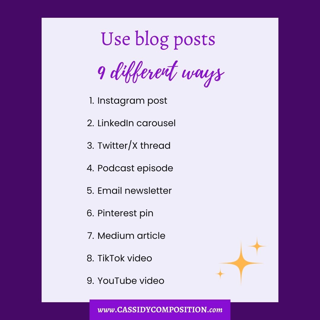 Did you know blogs can be turned into 9 DIFFERENT TYPES of content?⁠
⁠
Making blogs SUPER VALUABLE content you can repurpose again and again.⁠
⁠
From ONE blog, you get an:⁠
⁠
&ndash; Instagram post⁠
&ndash; LinkedIn carousel⁠
&ndash; Twitter/X thread