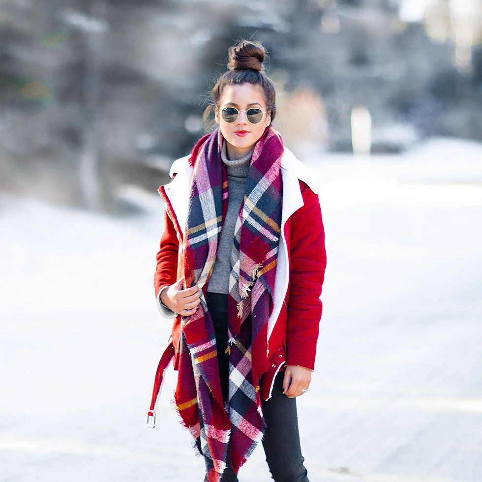 Snow Day Style Essentials: Shearling Jacket + plaid scarf