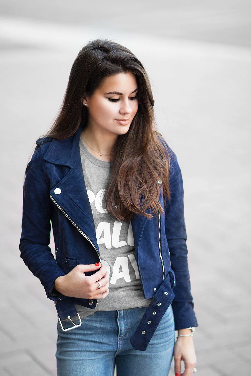 Dress up a Graphic T-shirt with a Suede Moto Jacket