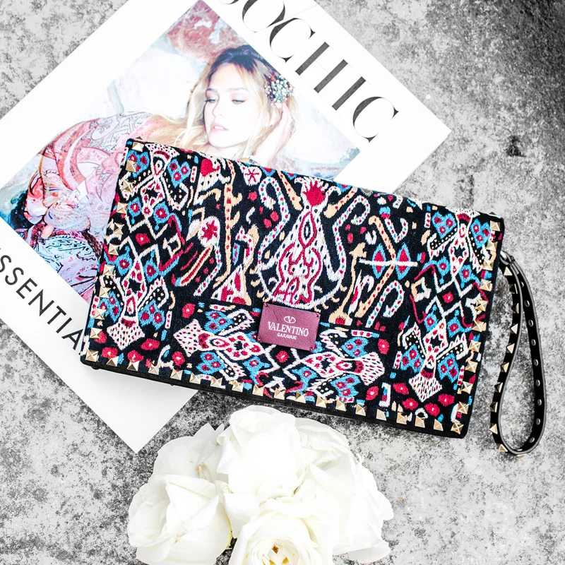 Valentino Rockstud Tribal Pattern Canvas Studded Wristlet Clutch