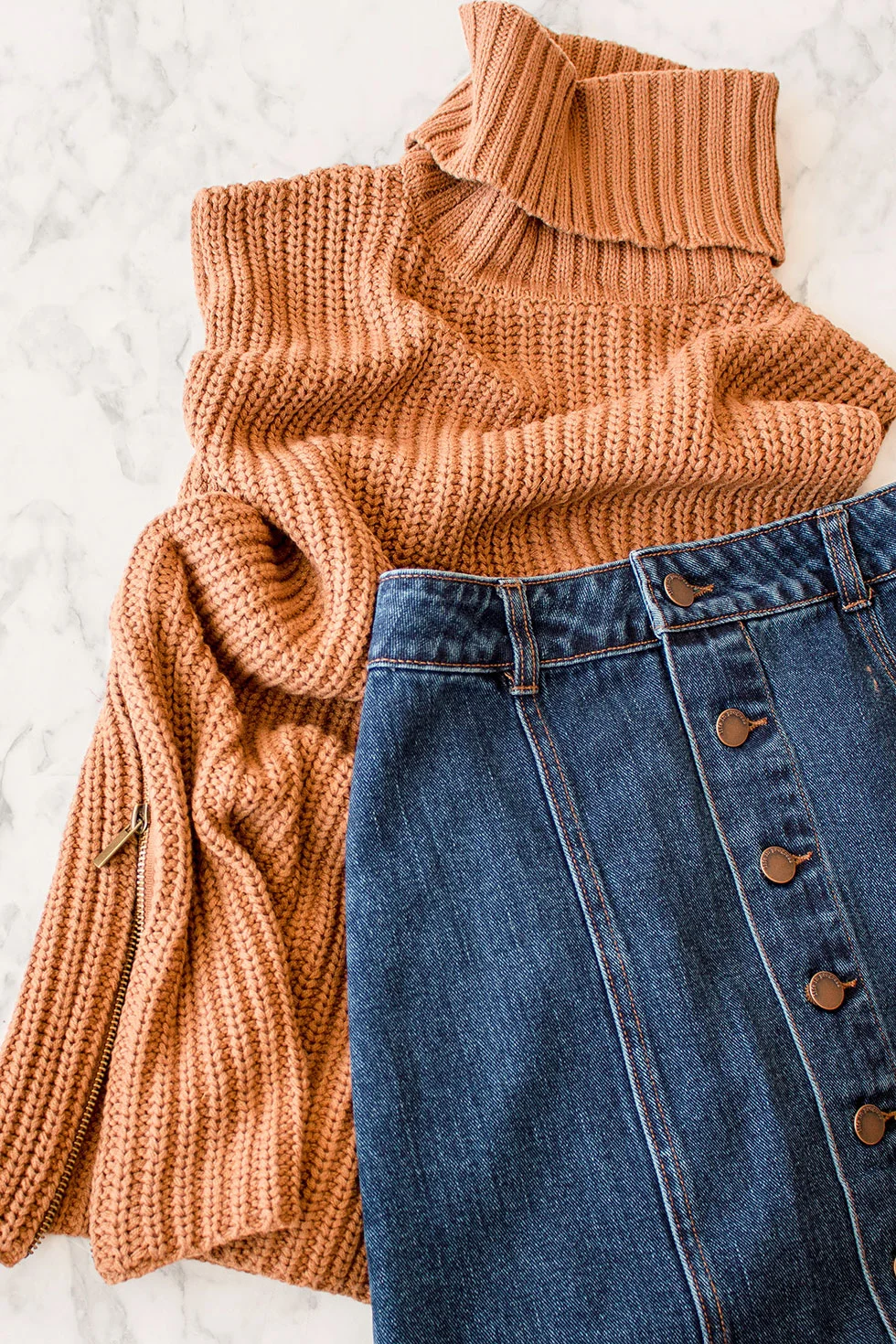 5 Fashionable Fall Items to Try Right Now Forever 21 Buttoned A-Line Denim Skirt and Turtleneck Tunic