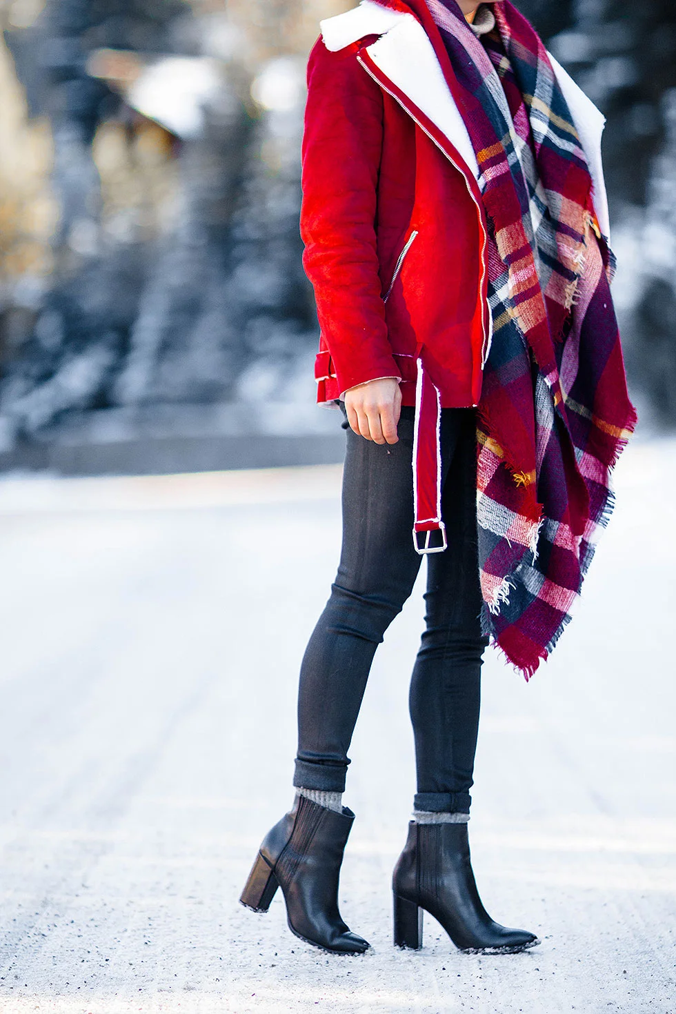 Festive Red Winter Outfit featuring Shearling Jacket and plaid scarf in Whistler Canada