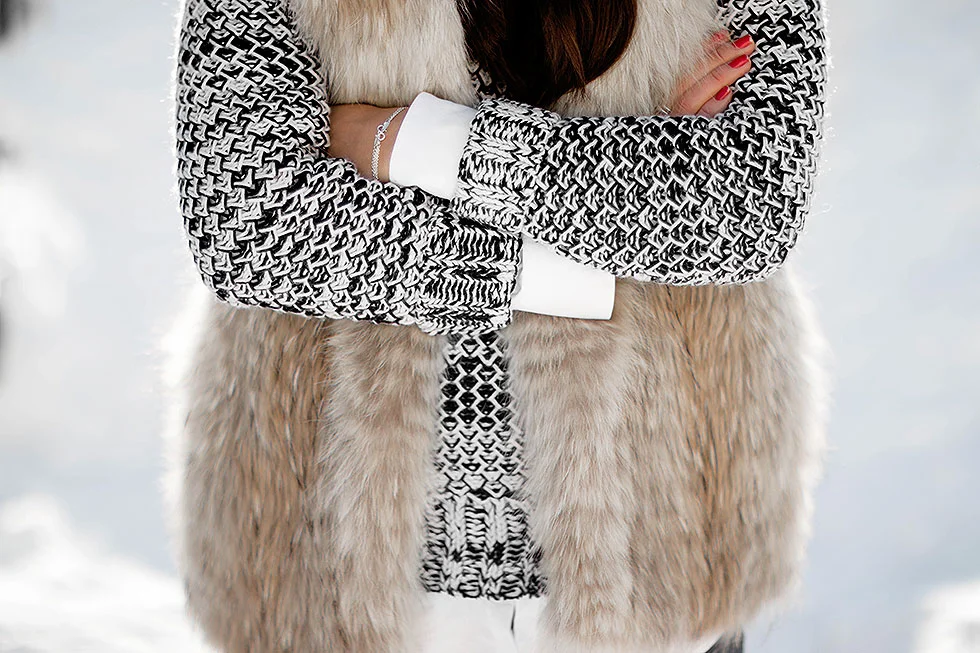 snow outfit featuring Tommy Hilfiger crewneck sweater and fur vest whistler Canada