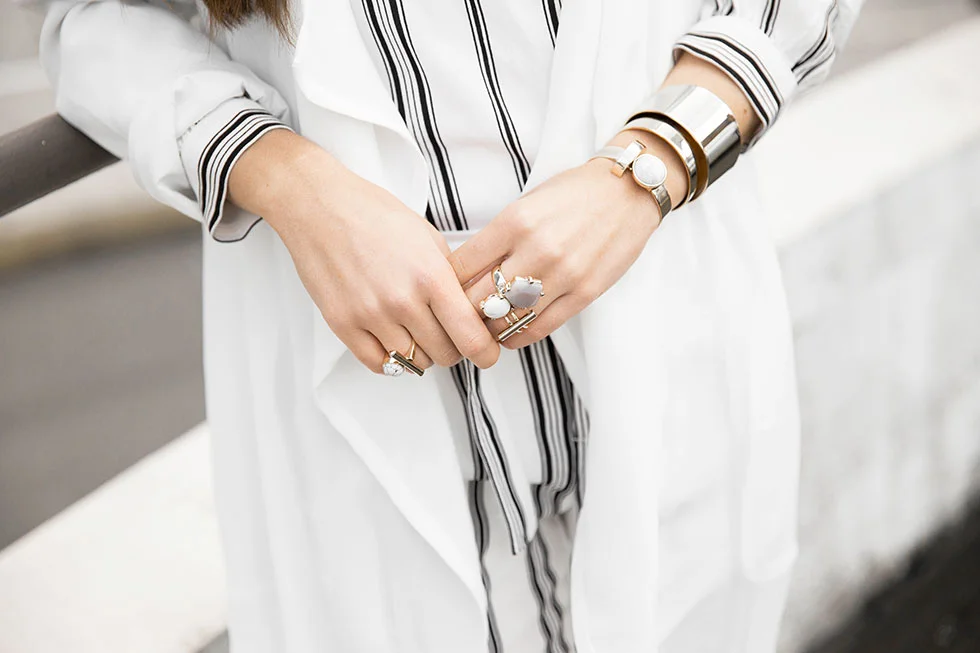 White Open Front Trench Coat, Sanctuary Striped Blouse, Sanctuary Striped Straight Leg Pants