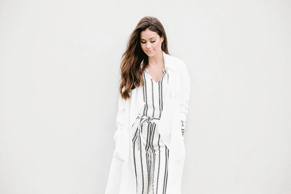 How to Wear Head-to-Toe Stripes this Spring - White Open Front Trench Coat, Sanctuary Striped Blouse, Sanctuary Striped Straight Leg Pants