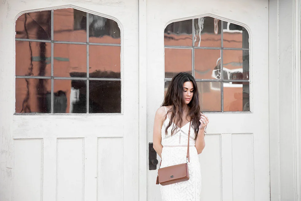 White Lace Midi Dress, Coach Dinky Crossbody in Glovetanned Leather Spring Outfit