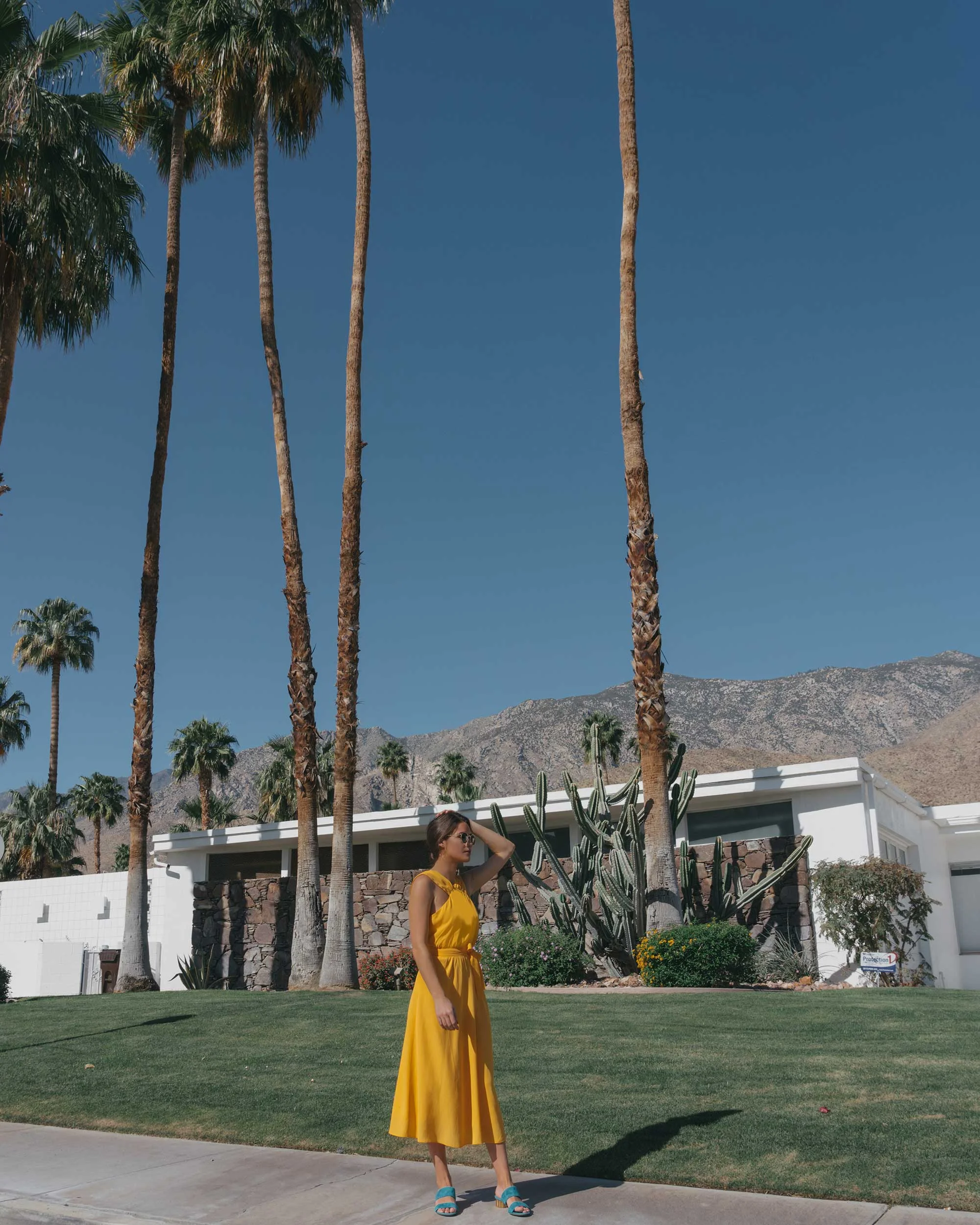 Feminine Yellow Cross Front Midi Dress Palm Springs Outfit10.jpg