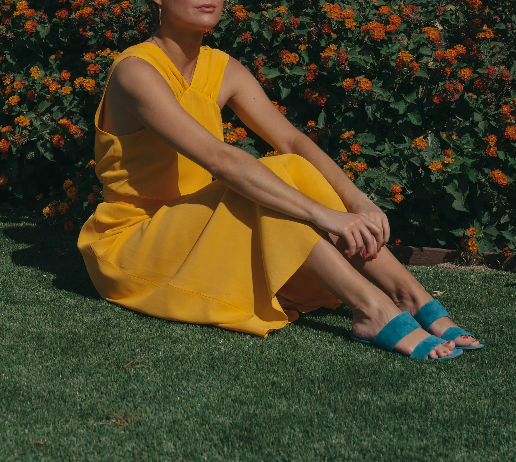 Feminine Yellow Cross Front Midi Dress Palm Springs Outfit2.jpg
