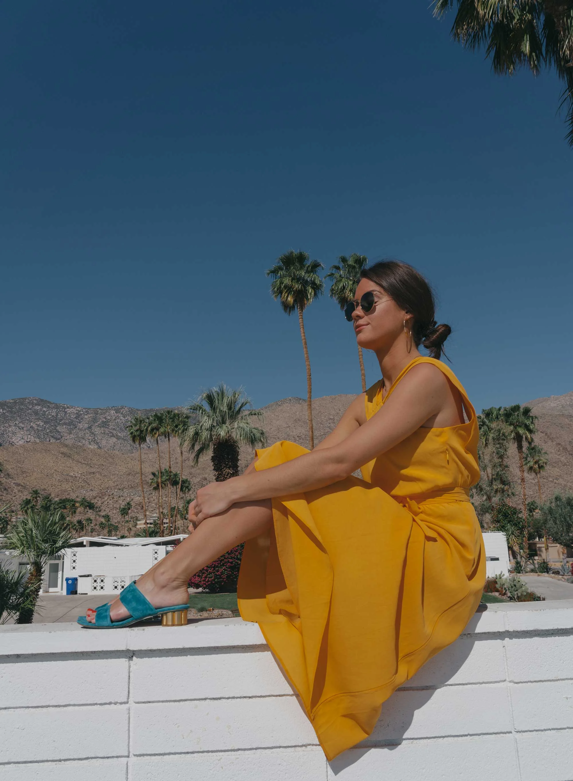 Feminine Yellow Cross Front Midi Dress Palm Springs Outfit1.jpg