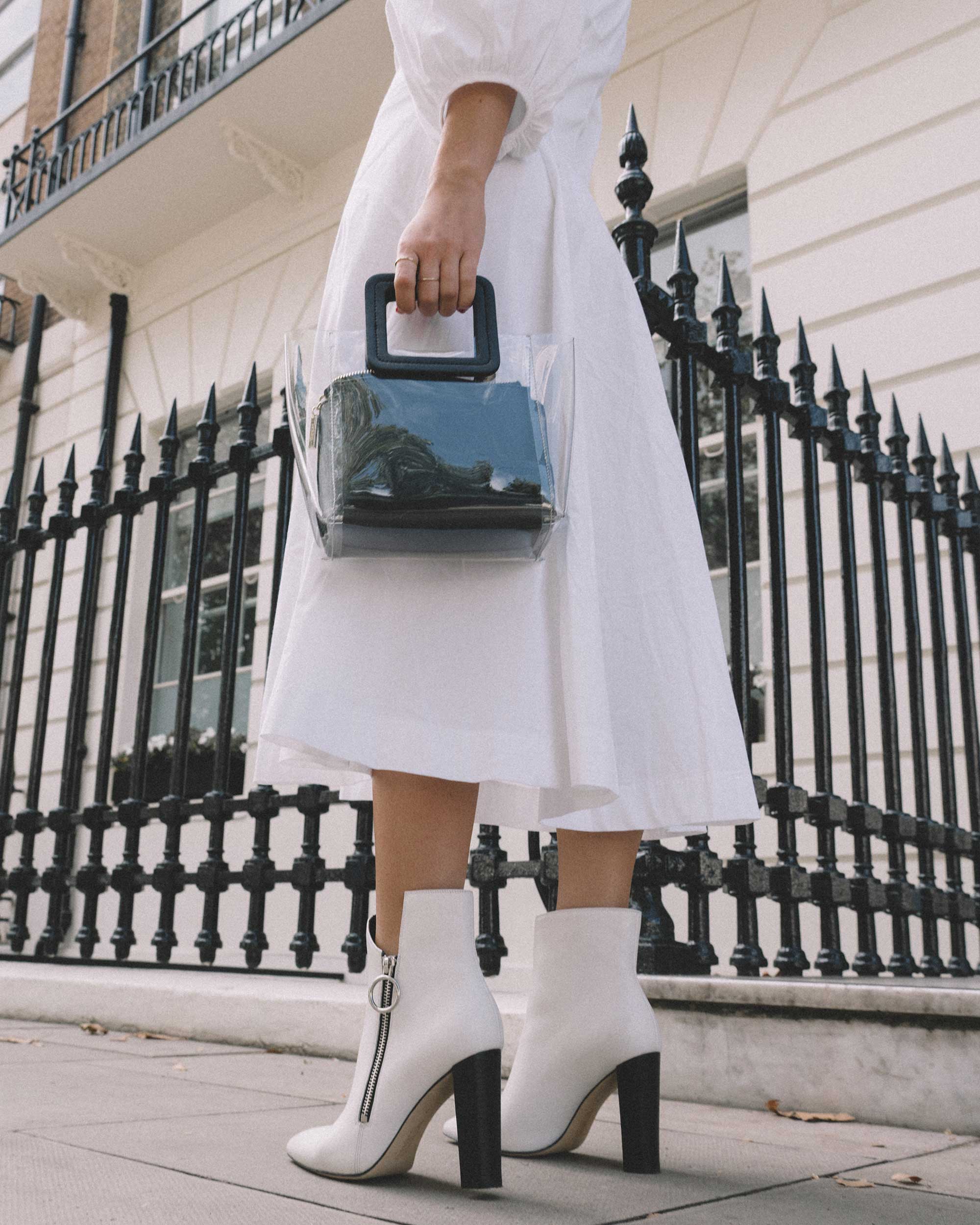 STAUD Eden Midi Dress, STAUD clear and black shirley mini PVC and leather tote, London Fashion Week Outfit6.jpg