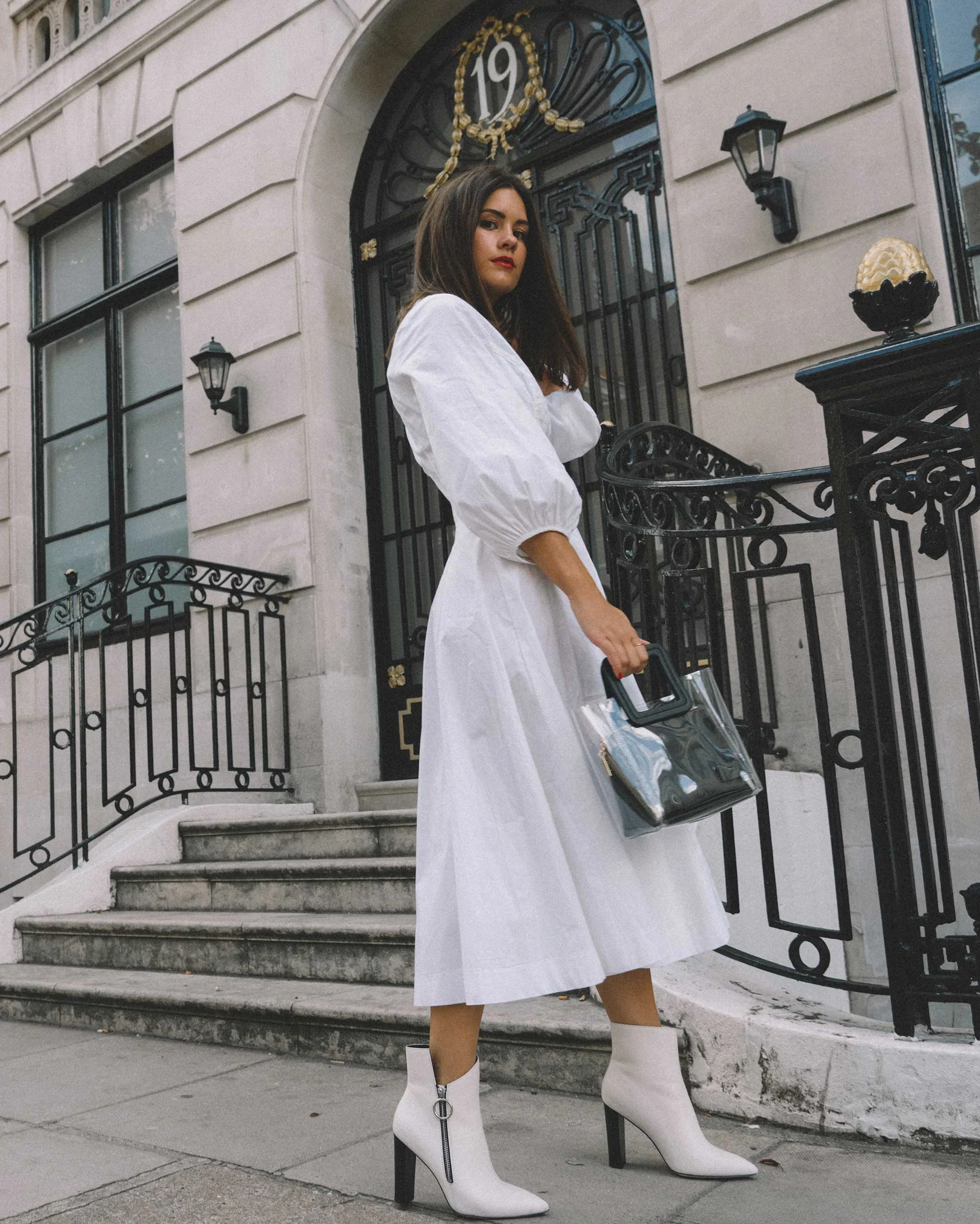 STAUD Eden Midi Dress, STAUD clear and black shirley mini PVC and leather tote, London Fashion Week Outfit10.jpg