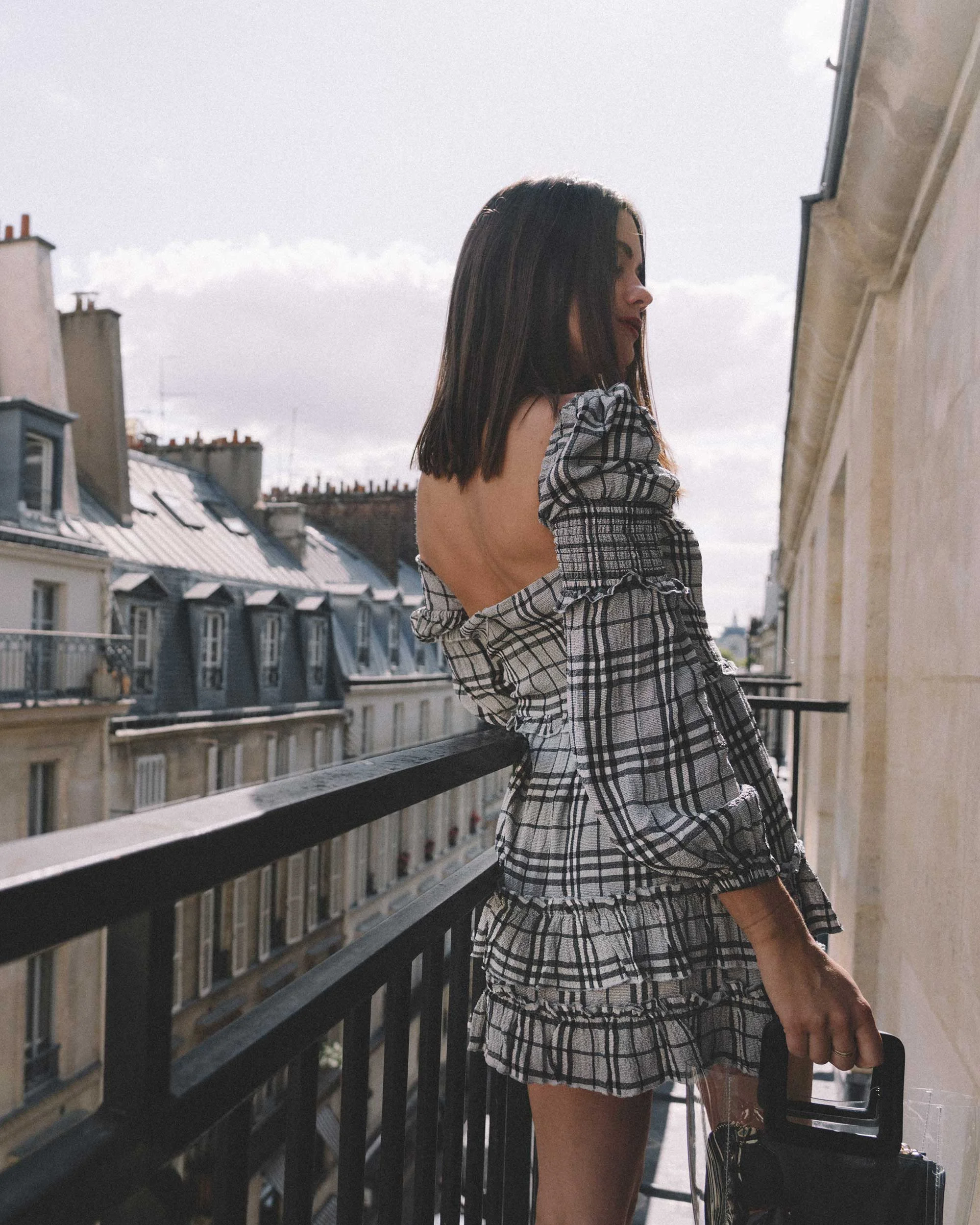 MAJORELLE Plaid Long Sleeve Dress Paris Girl Balcony Outfit3.jpg