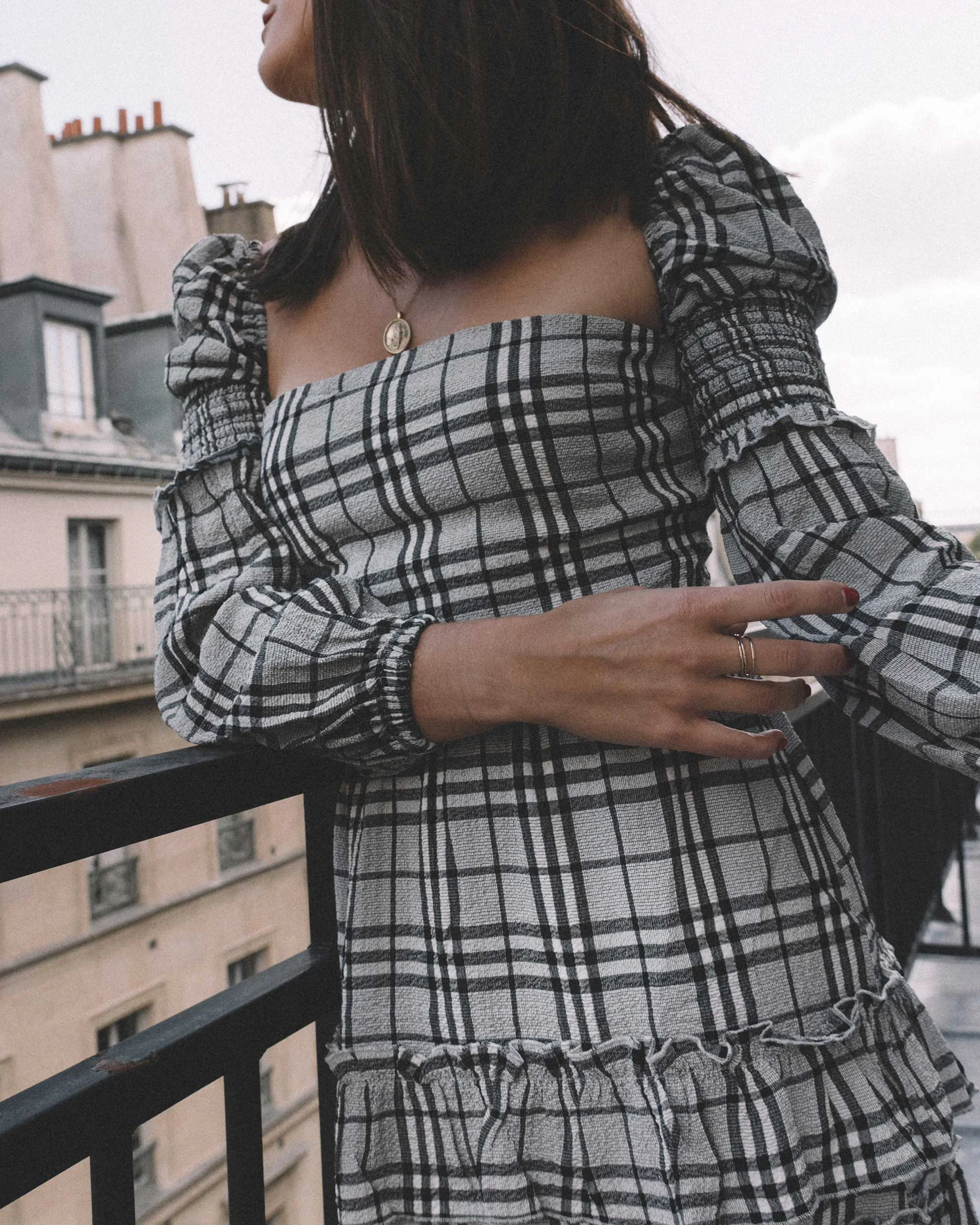 MAJORELLE Plaid Long Sleeve Dress Paris Girl Balcony Outfit6.jpg