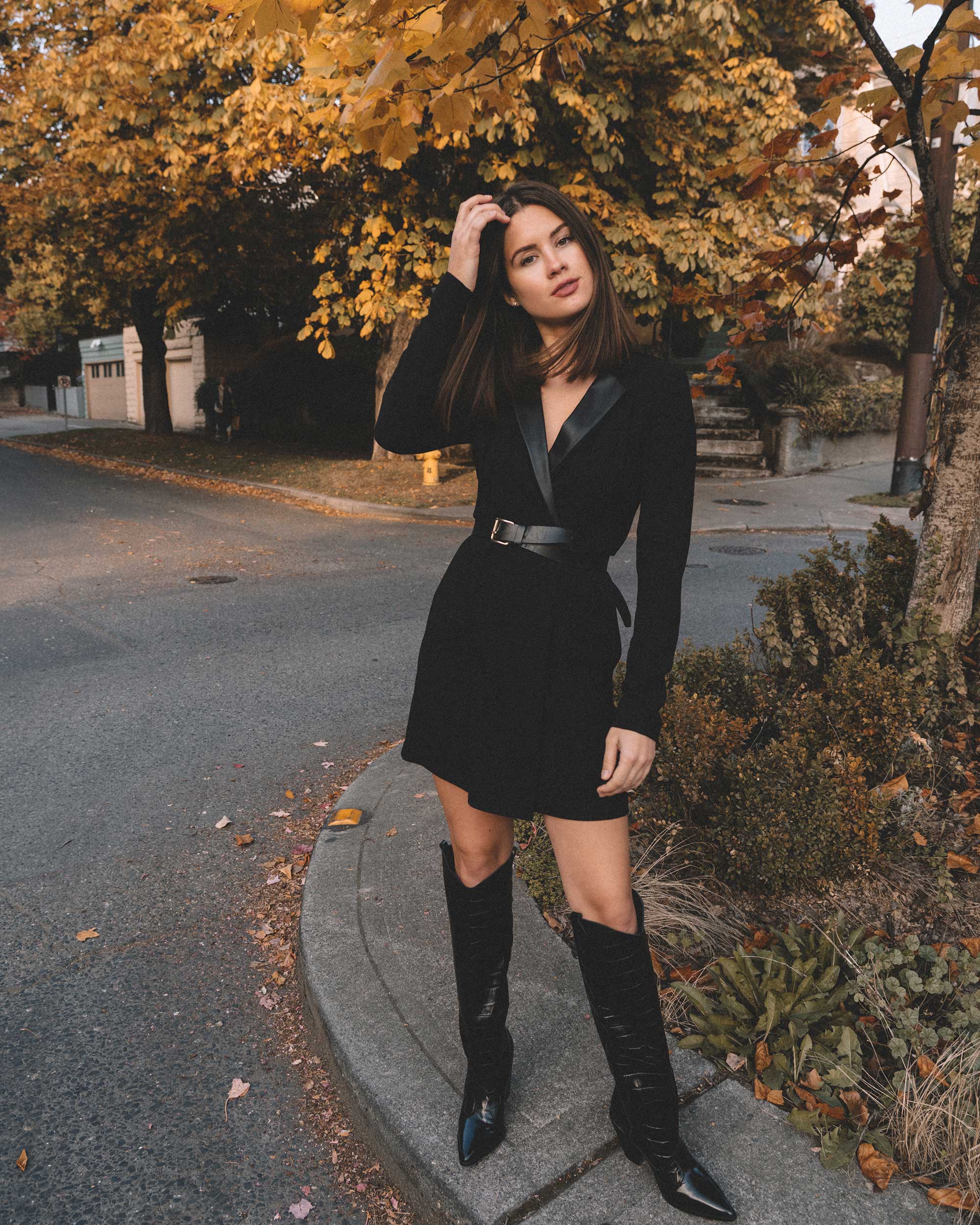 blazer dress with over knee boots