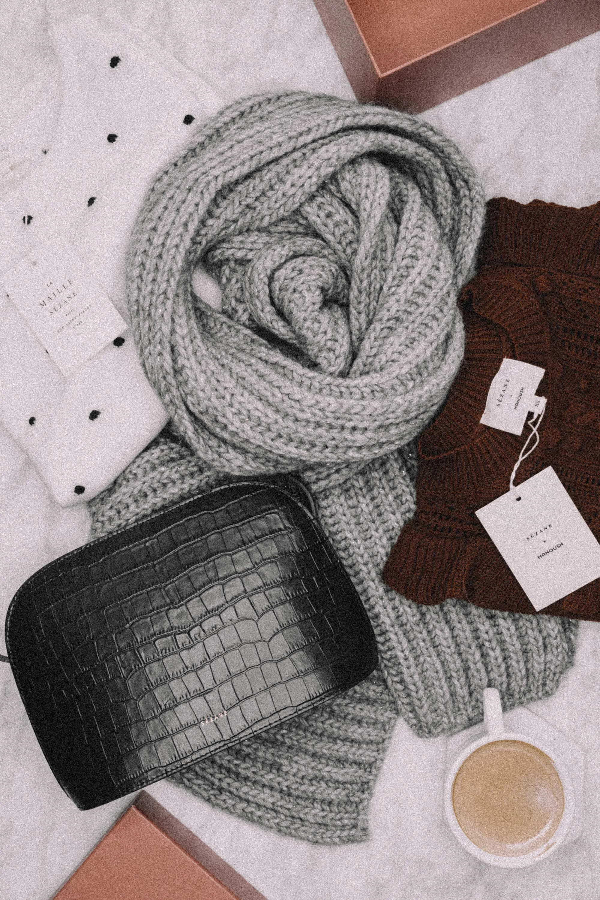 Sezane Victor Crocodile print half-moon Bag Sezane Hyppolite Knitted Grey Scarf 3.jpg