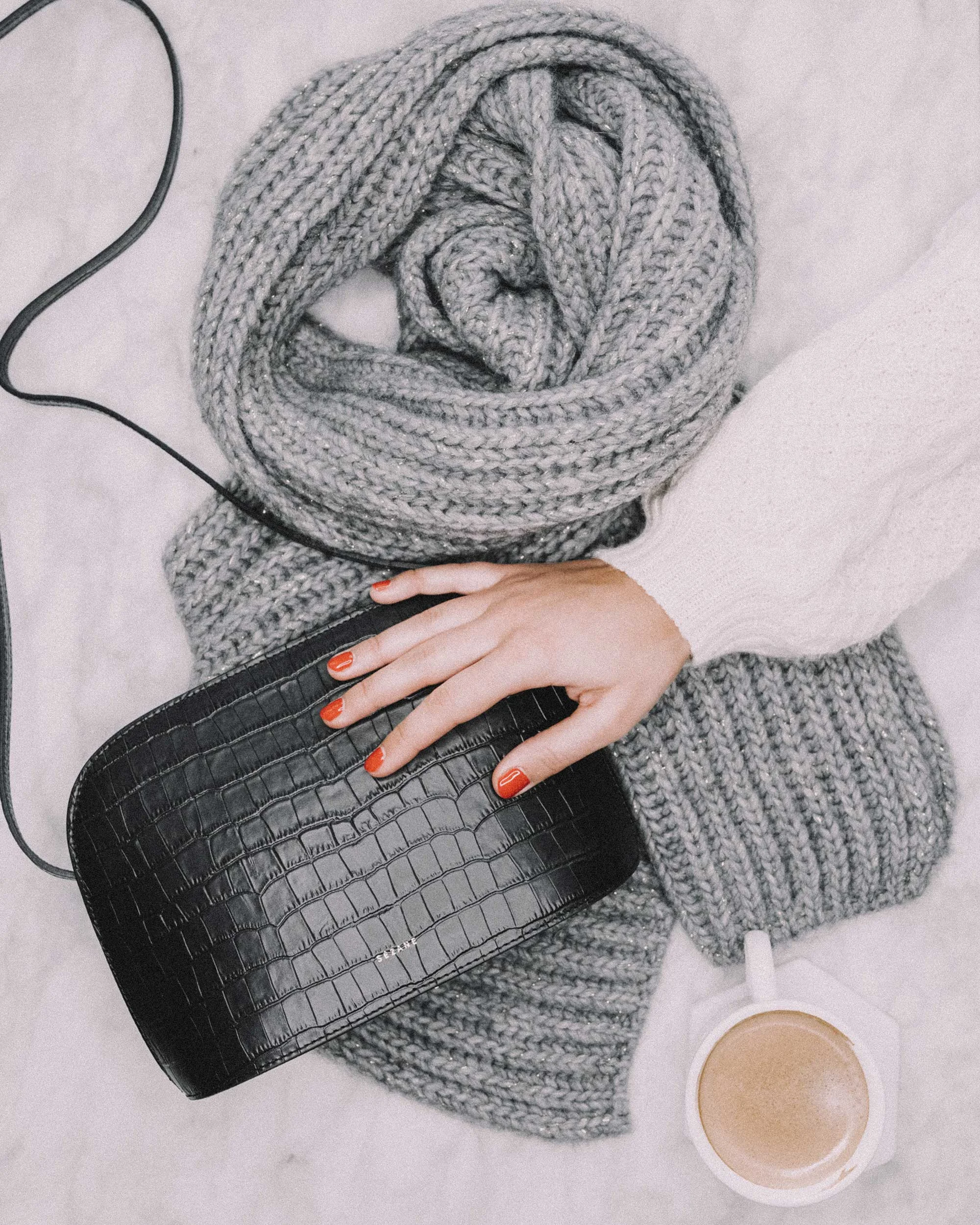 Sezane Victor Crocodile print half-moon Bag Sezane Hyppolite Knitted Grey Scarf 2.jpg