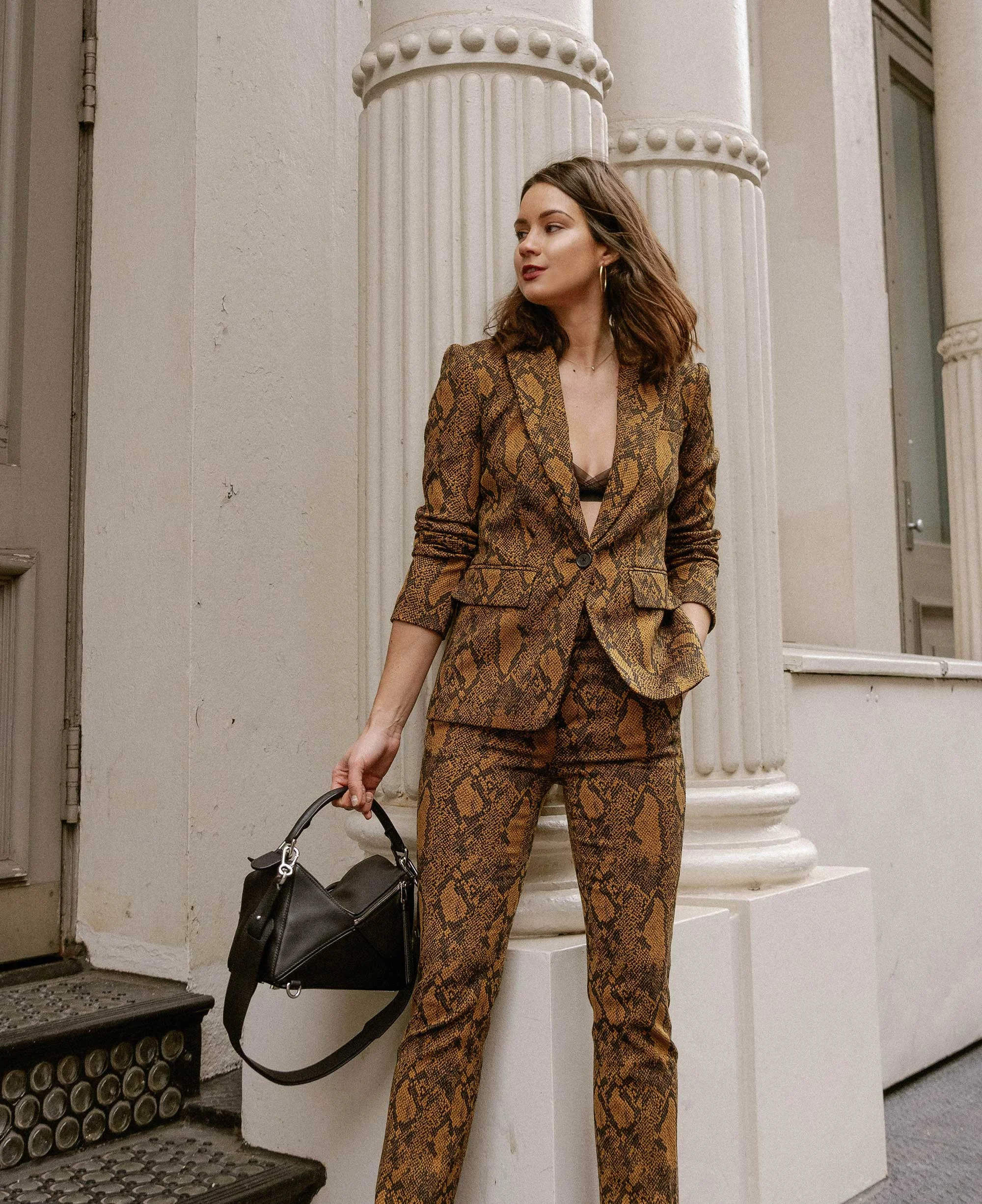 Sarah Butler of Sarah Styles Seattle wears Joie Anilah snakeskin print suit for New York Fashion Week and Loewe Small Puzzle Shoulder Bag | @sarahchristine, Seattle Blogger8.jpg