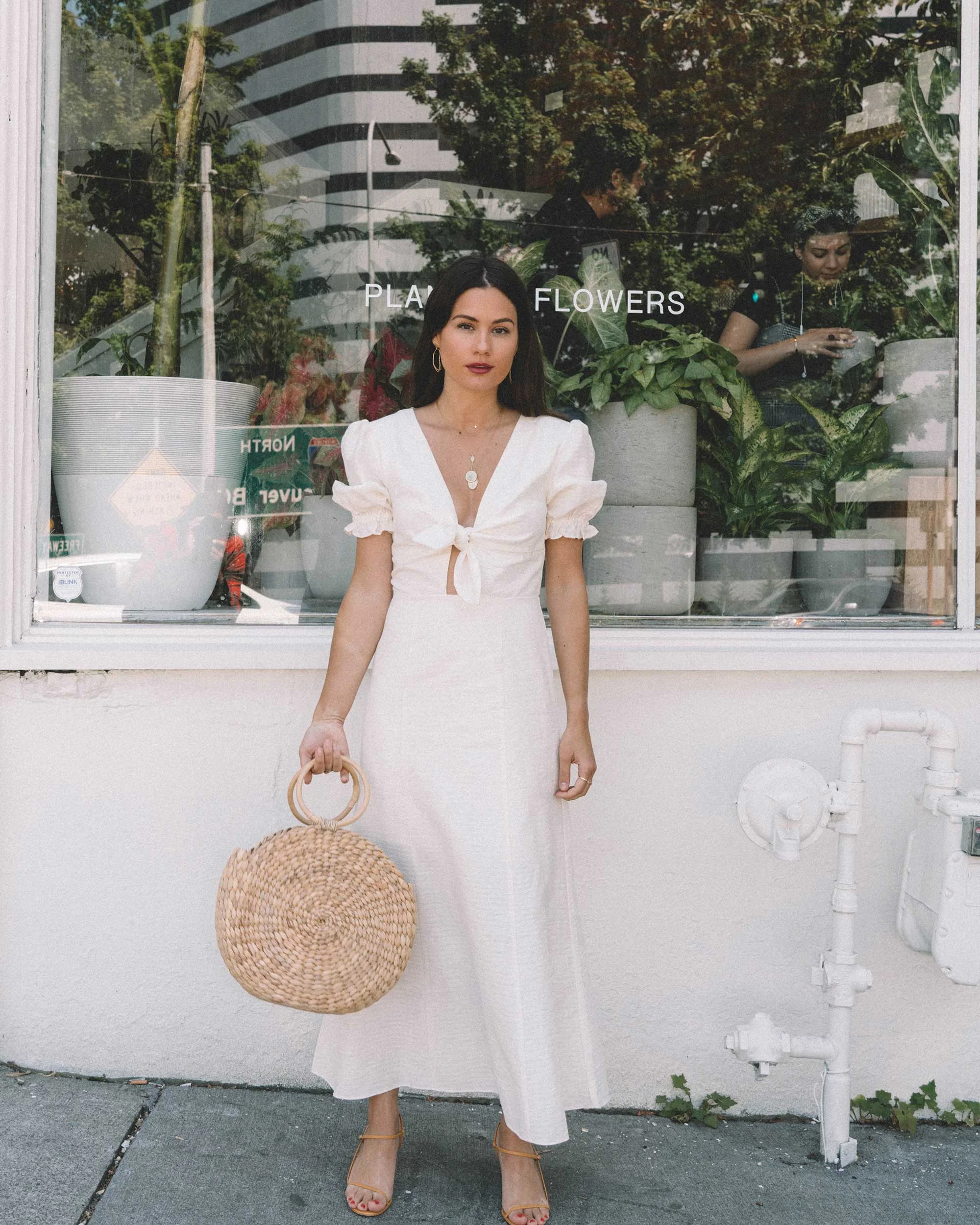 Sarah Butler of Sarah Styles KEEPSAKE FORTUNE White DRESS with puff sleeves and Woven Straw Circle Bag in Seattle | @sarahchristine -15.jpg
