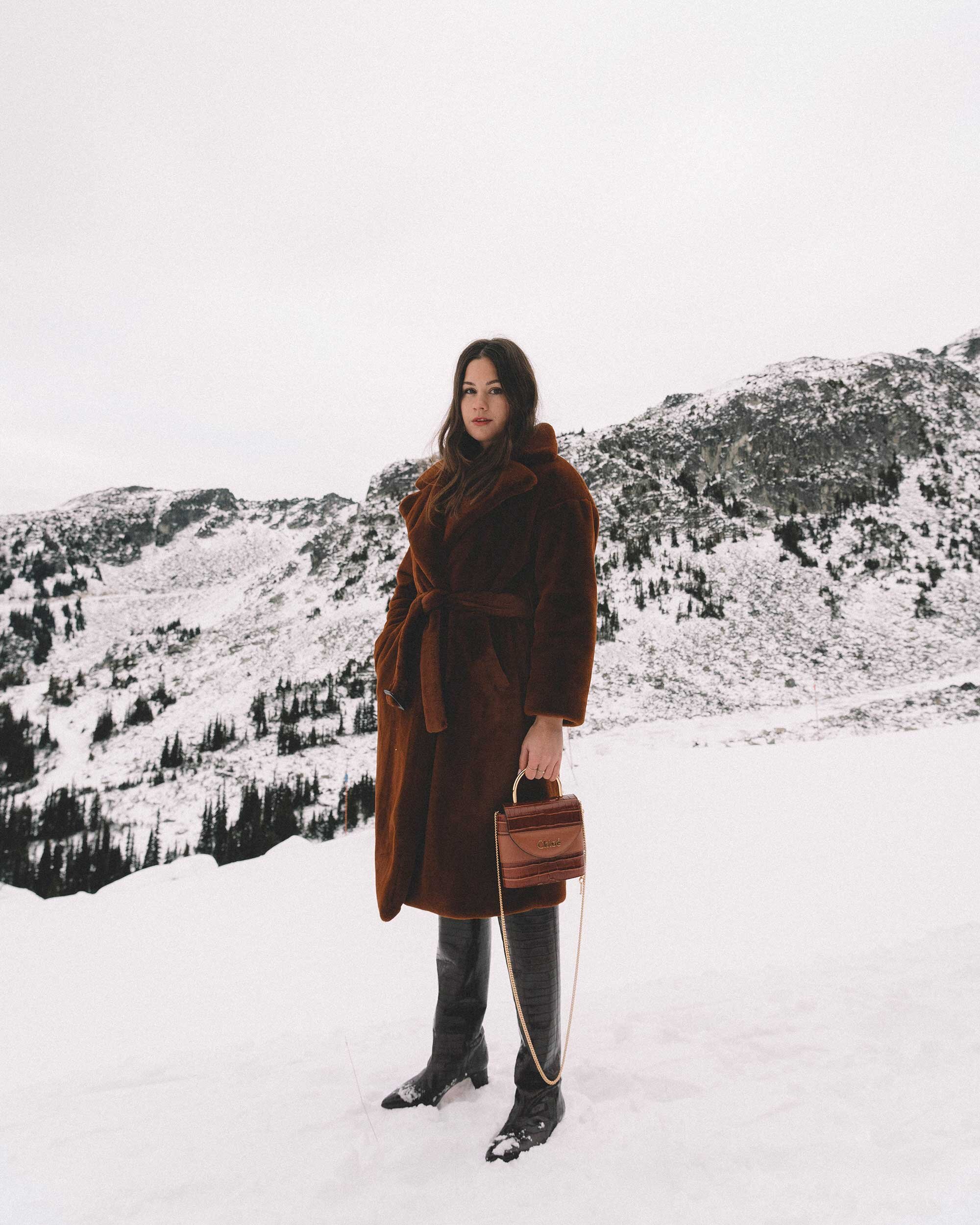 Easy Winter Outfit Ideas. Sarah Butler of @sarahchristine wearing Brown Belted Faux Fur Long Coat in Whistler, Canada -5.jpg