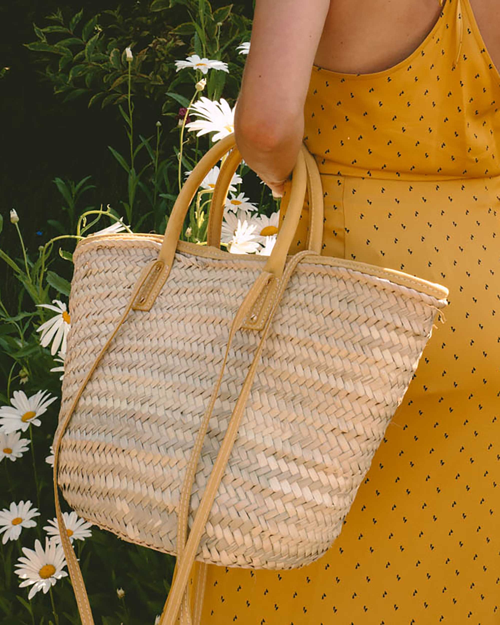 Easy Summer Outfit Idea. Sarah Butler of @sarahchristine wearing BCBG Yellow Satin Polka-Dot Skirt and Yellow Satin Tank Top with Jacquemus Le panier Soleil woven straw tote bag in Seattle, Washington --2.jpg