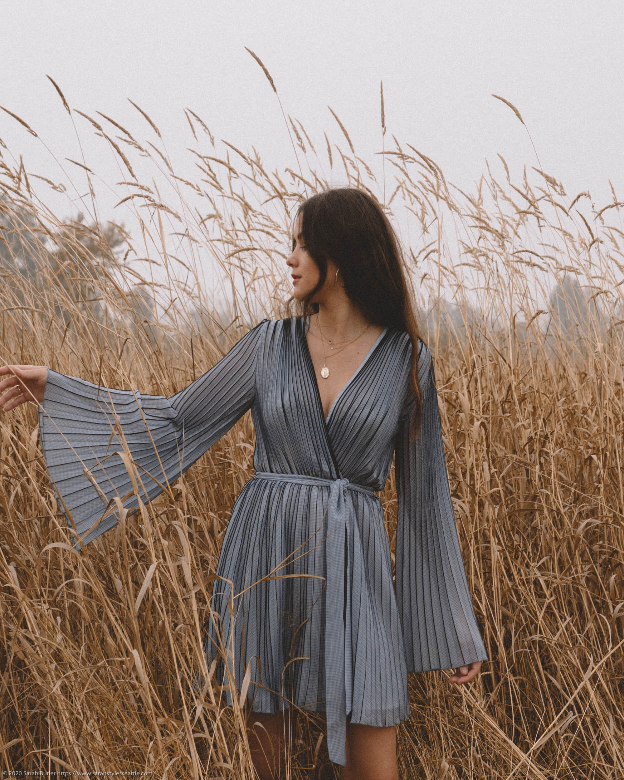 Perfect Fall Dress. Sarah Butler of @sarahchristine wearing C-MEO COLLECTIVE Take Half Blue Pleated Mini Dress with Bell Sleeves in Seattle, Washington -4.jpg