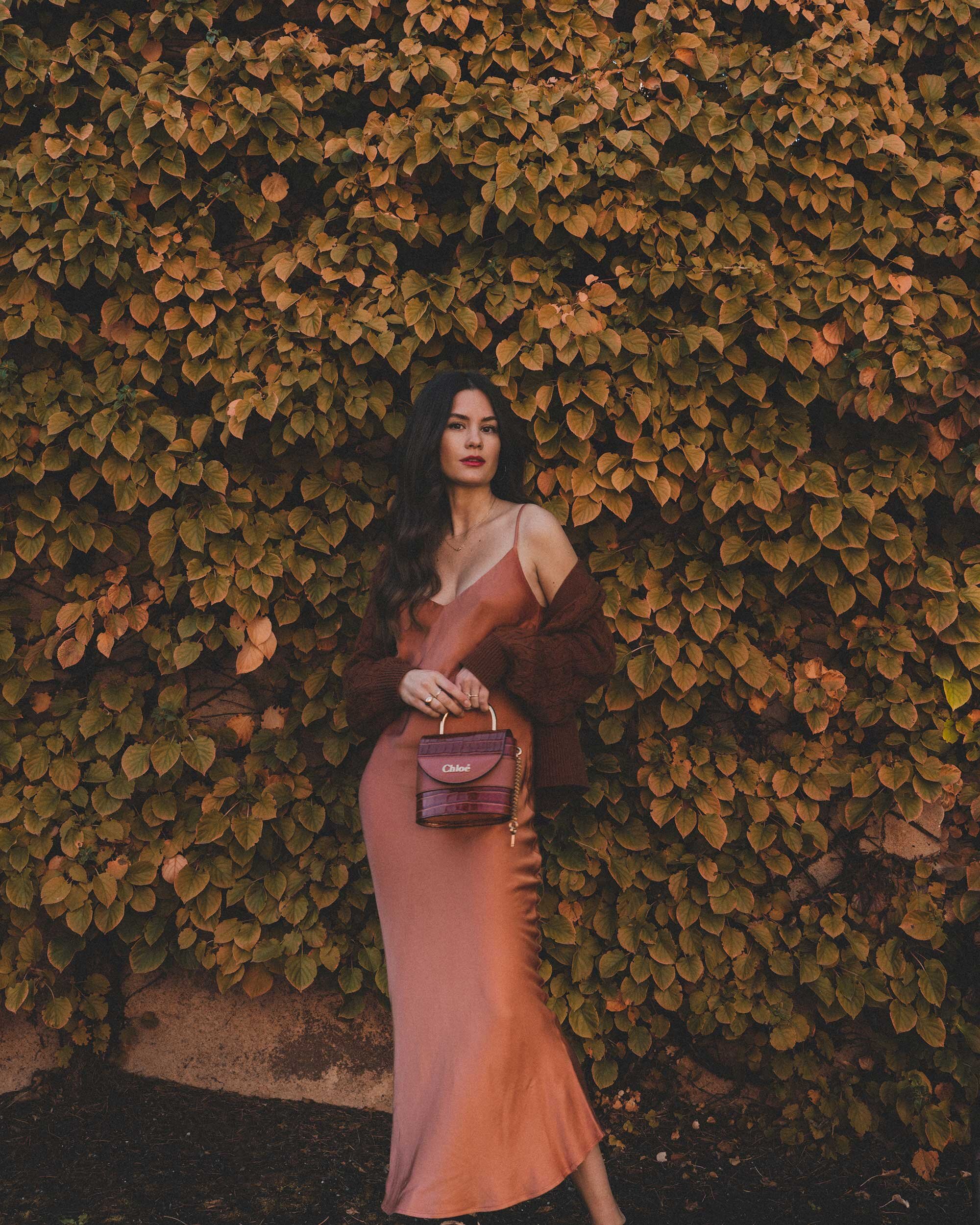 Easy Fall Outfit Idea. Sarah Butler of @sarahchristine wearing Brown Satin Maxi Slip Dress and Brown Cable Knit Cardigan Sweater with Chloe Small Padlock Leather Shoulder Bag- Chestnut Brown in Seattle, Washington.jpg