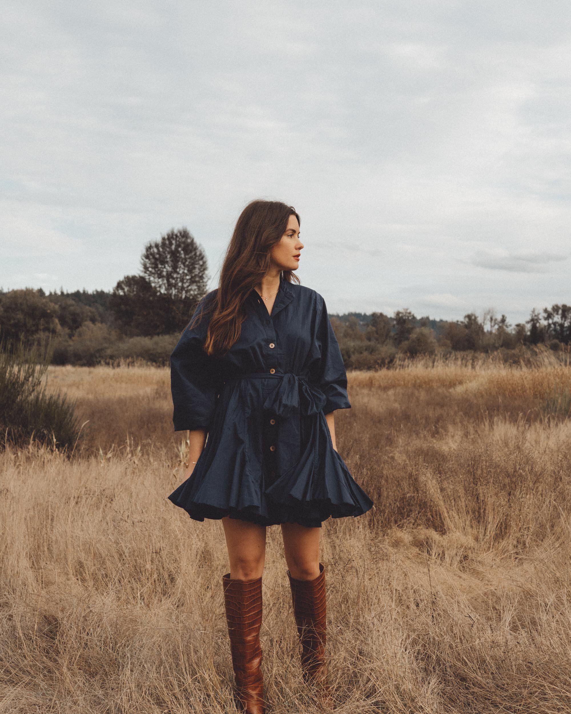 Chic Fall Dress Outfit. Sarah Butler of @sarahchristine wearing Rhode Emma Tie-Waist Flared Navy Dress and Brown Croc Knee High Boot in Seattle, Washington --8.jpg